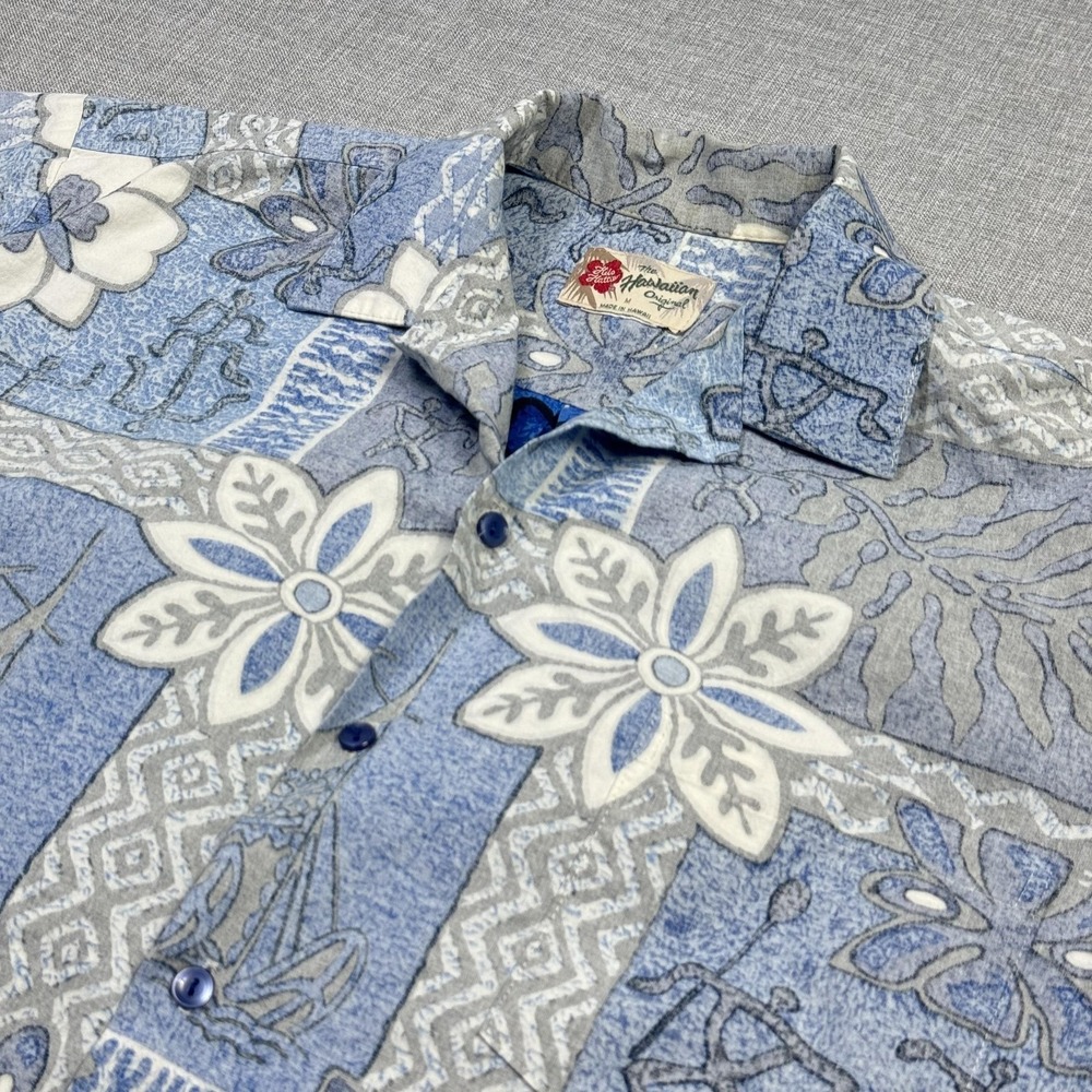 Hilo Hattie Shirt Mens Medium Blue Floral Button Up‎ Short Sleeve Hawaiian Camp